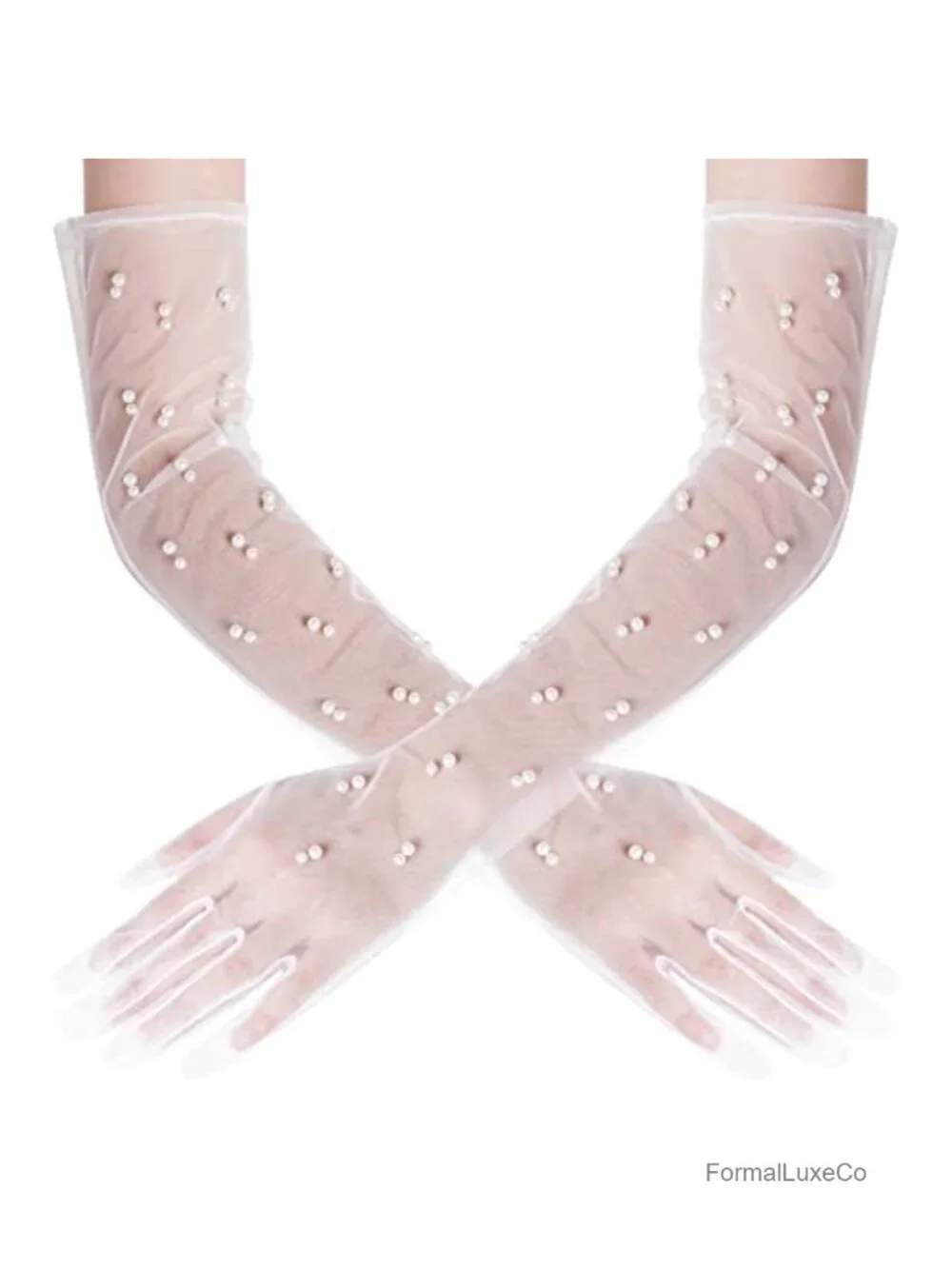 Tulle Sheer Long Pearl Gloves Elbow Length Wedding Bridal Gloves